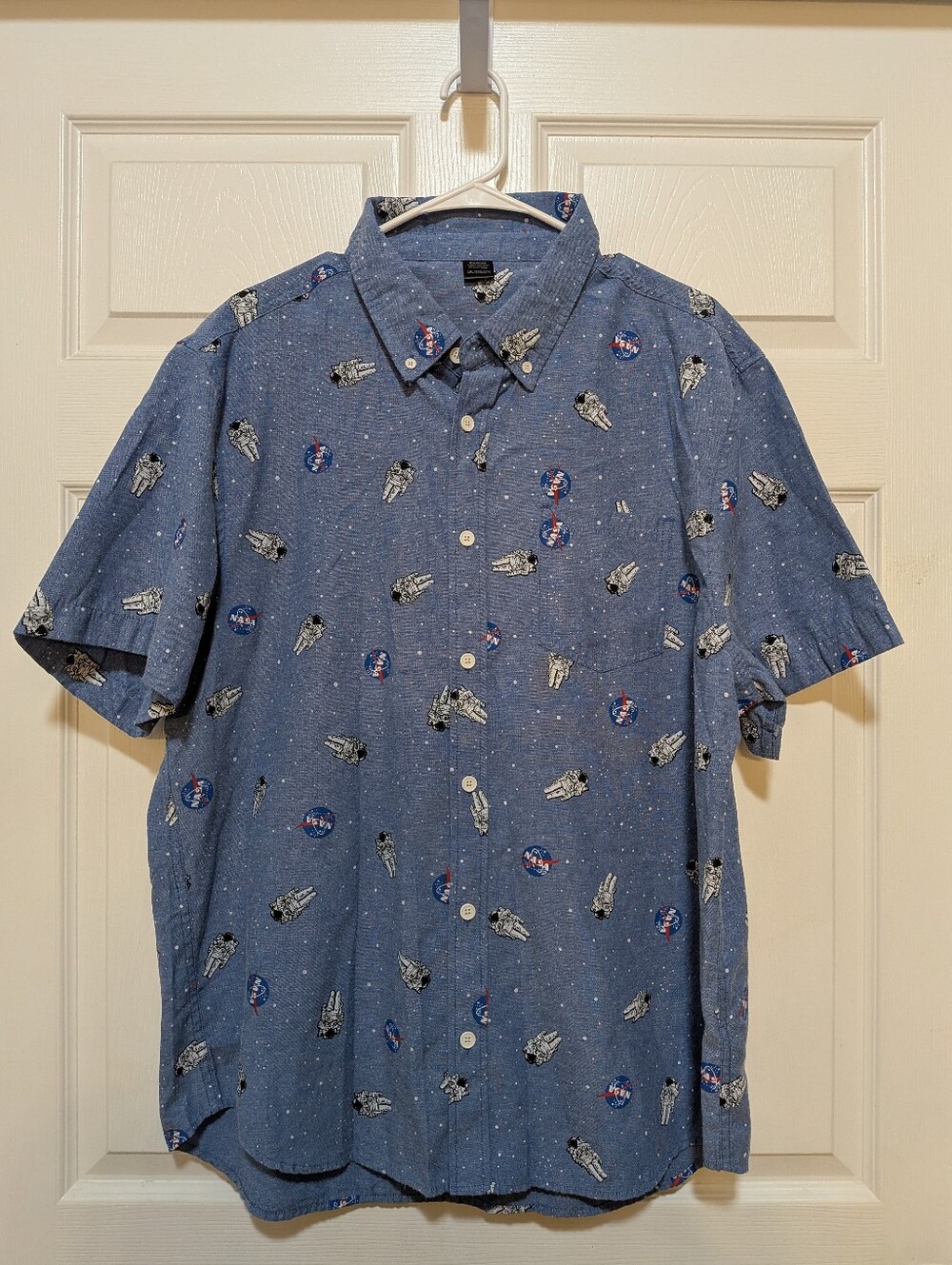Men's Blue NASA Astronaut Button Up Short Sleeve Top 2XL